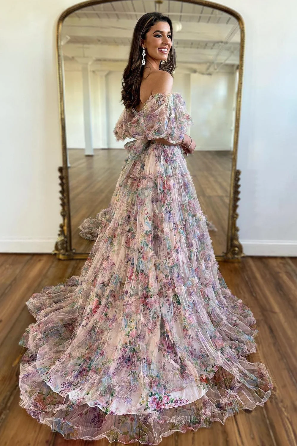 Elegant Pink Floral Printed Off-the-Shoulder Corset Prom Dress with Sweep Train