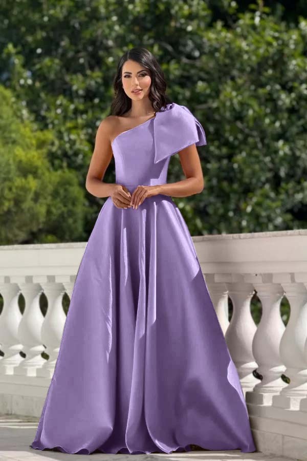 One Shoulder Sleeveless Long Formal Dress With Pleated Bowknot