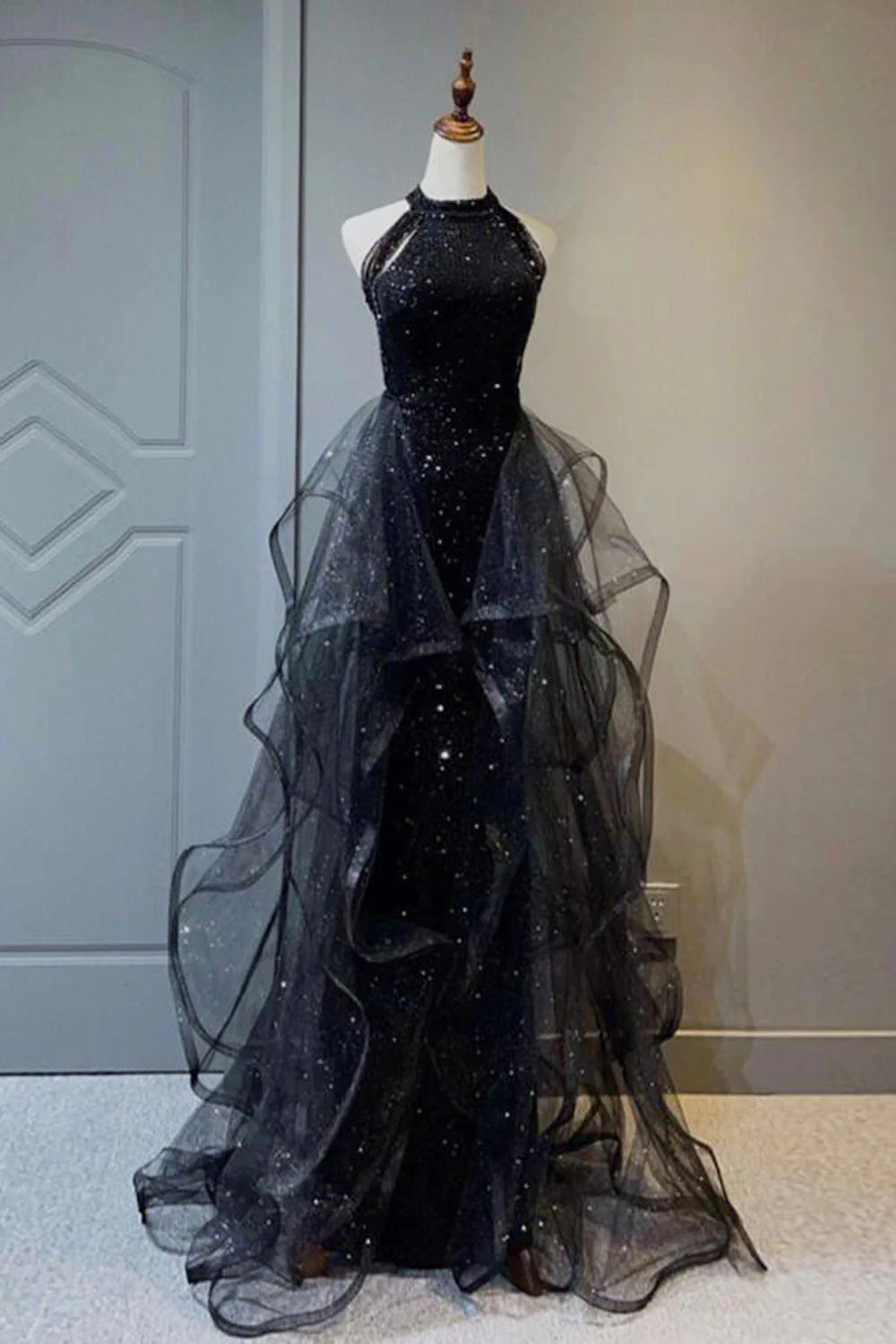 Black Tulle Long Prom Dress with Ruffles in a Halter Neck A-Line Style