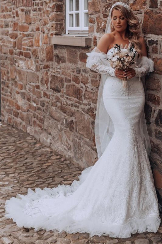 Bubble Mermaid Sleeves Sweetheart Long Wedding Dress with Lace