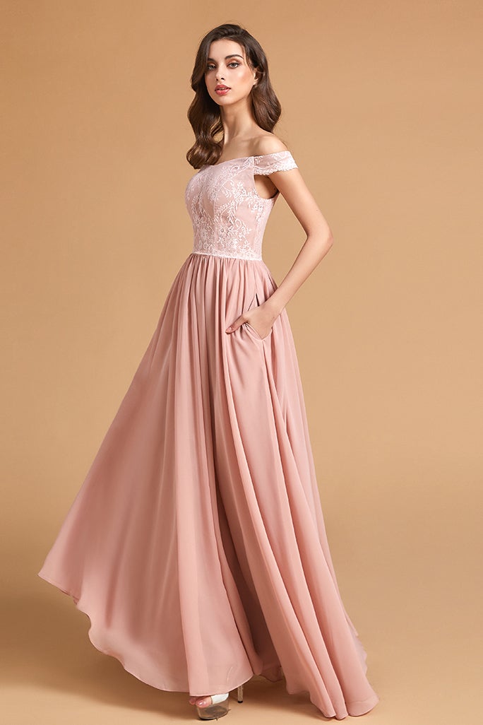 Dusty Rose Off-the-Shoulder Lace Bridesmaid Dress with Pockets
