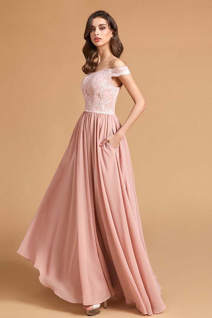 Dusty Rose Off-the-Shoulder Lace Bridesmaid Dress with Pockets