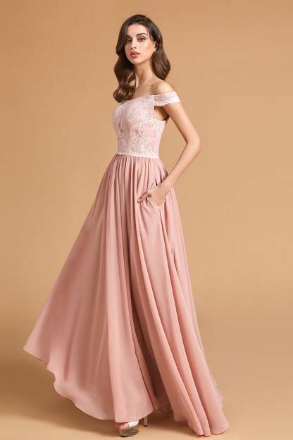 Dusty Rose Off-the-Shoulder Lace Bridesmaid Dress with Pockets
