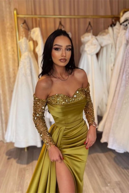 Green Sweetheart Applique Long Sleeves With Split Evening Dress