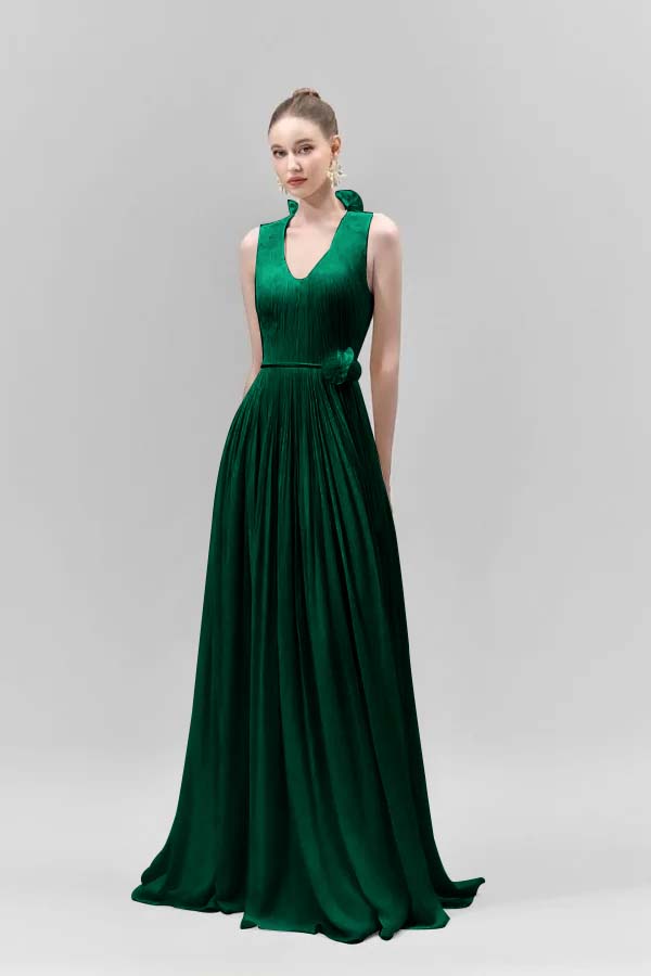 Chic Sleeveless Straps V Neck Long Formal Dress With Pleated Belt