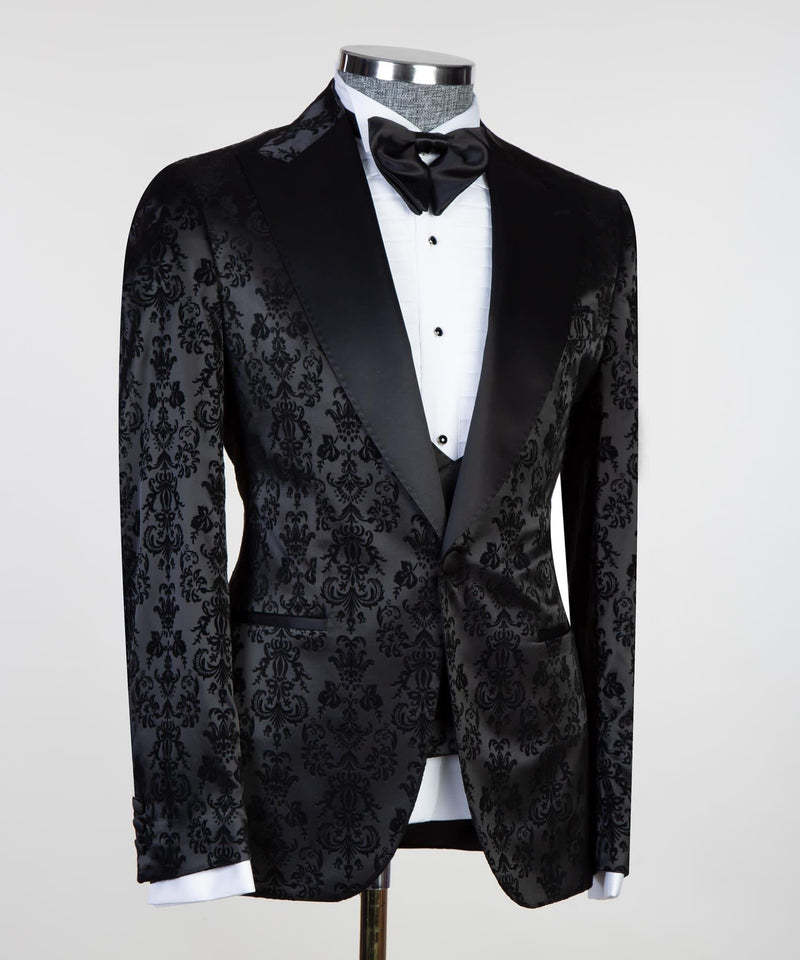 Formal Bespoke Black Peaked Lapel Three-Piece Jacquard Men's Suits