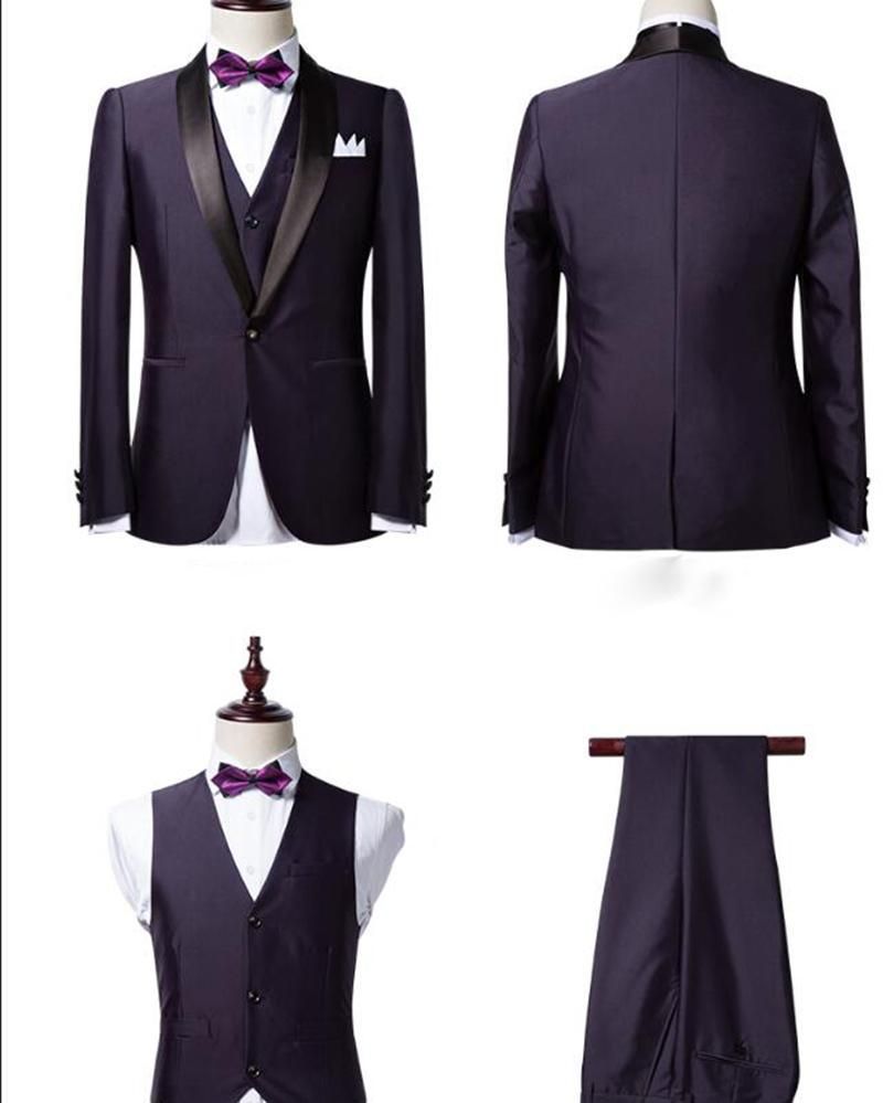Classic Three-Piece Dark Purple Shawl Lapel Black Wedding Tuxedo