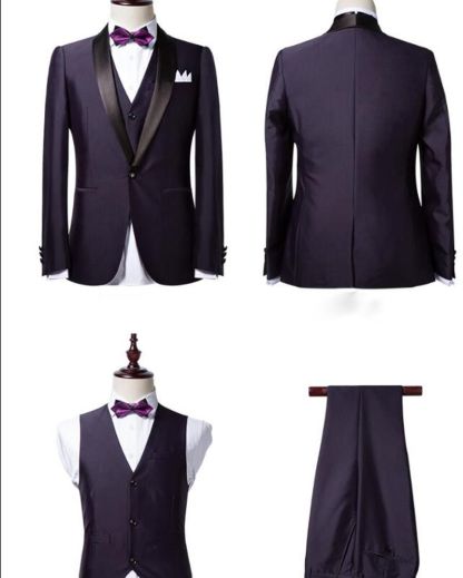 Classic Three-Piece Dark Purple Shawl Lapel Black Wedding Tuxedo