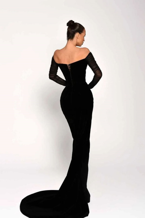 Black Long Sleeves Split Strapless Evening Dress
