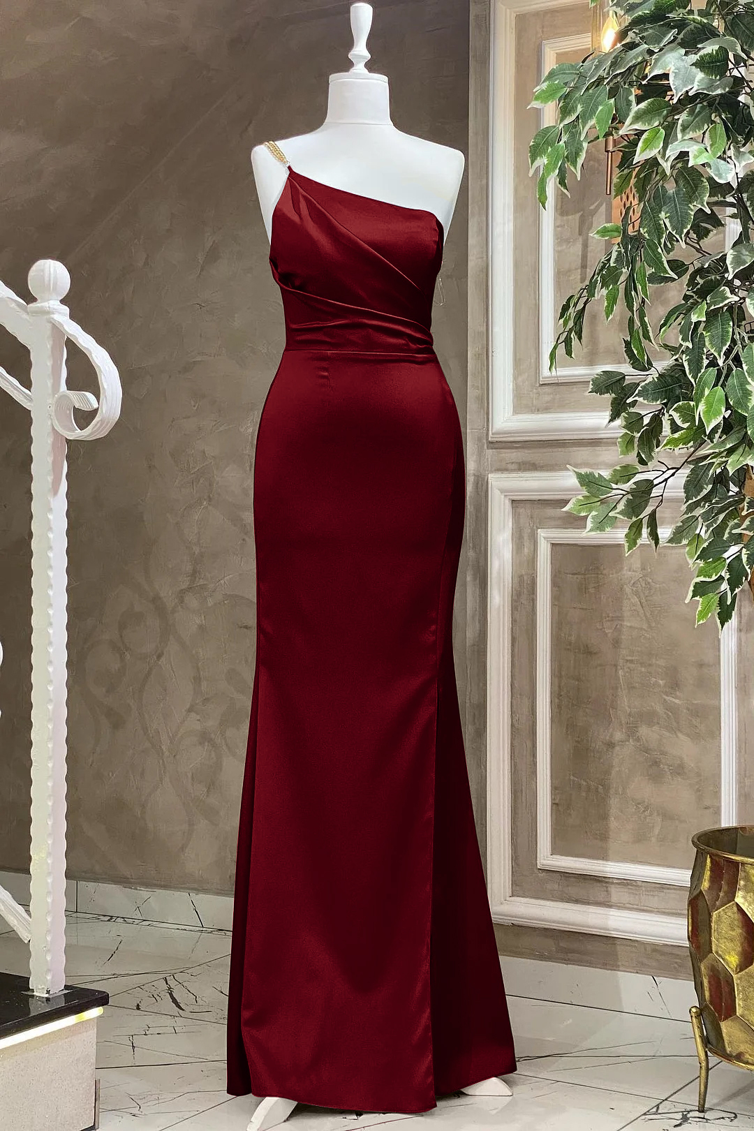 Fuchsia One Shoulder Floor Length Evening Dress With Pleat Mermaid