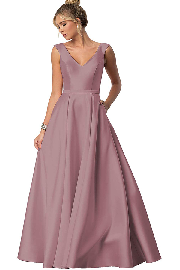 Sleeveless V-Neck Bridesmaid Dress with Pockets
