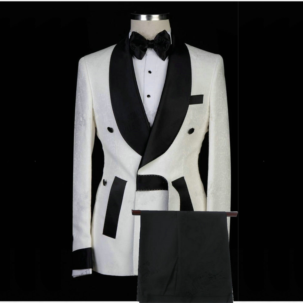 Fashion White Jacquard Shawl-Lapel Men's Suits for Weddings