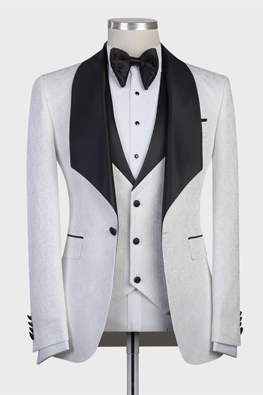 Black Shawl Lapel Wedding Groom Suits with White Three-Piece Jacquard