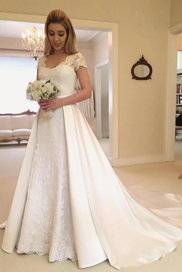 Beautiful Satin Brush Train A-Line Long Wedding Dress with Sleeves
