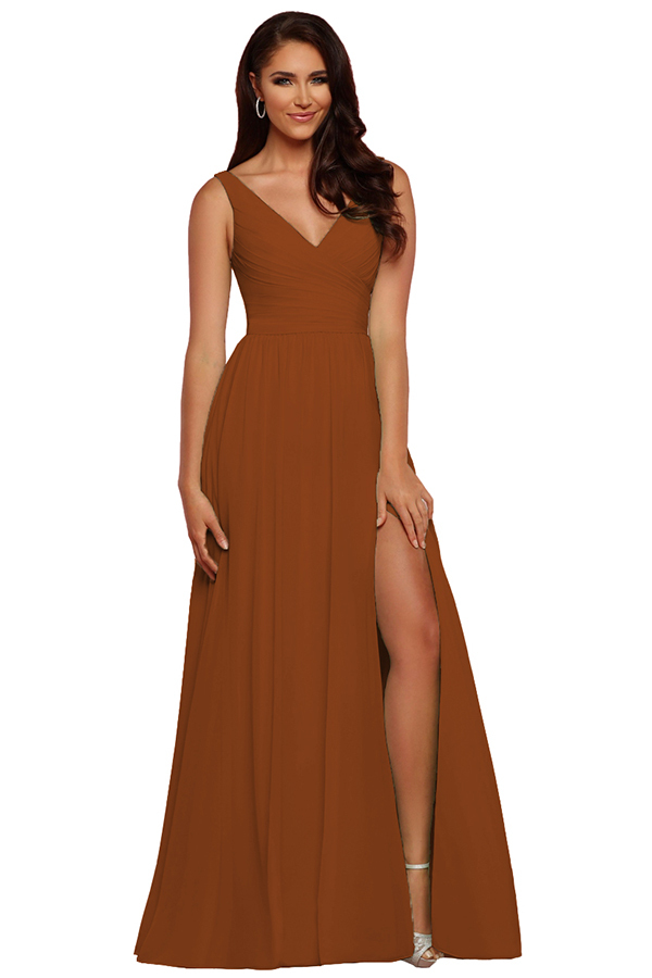 Sleeveless V-Neck Bridesmaid Dress with Split