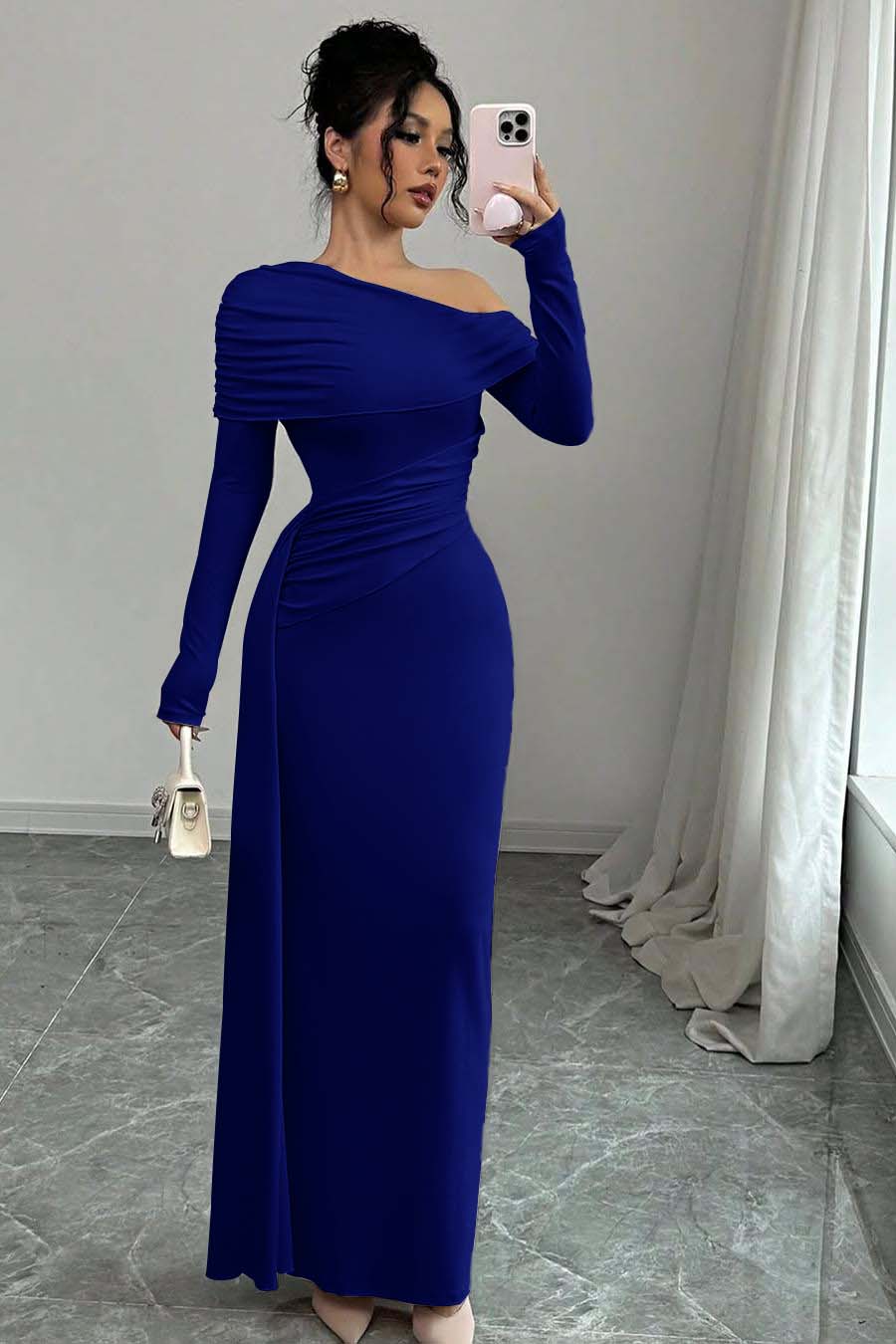 Off the Shoulder Long Sleeves Long Mermaid Formal Dress With Ruffles