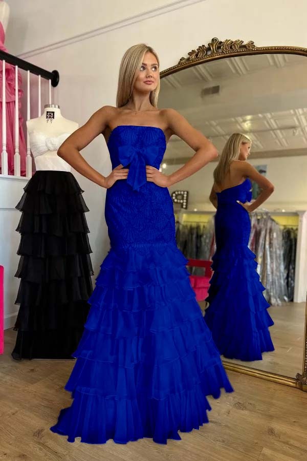 Strapless Sleeveless Long Mermaid Formal Dress With Beading Ruffle