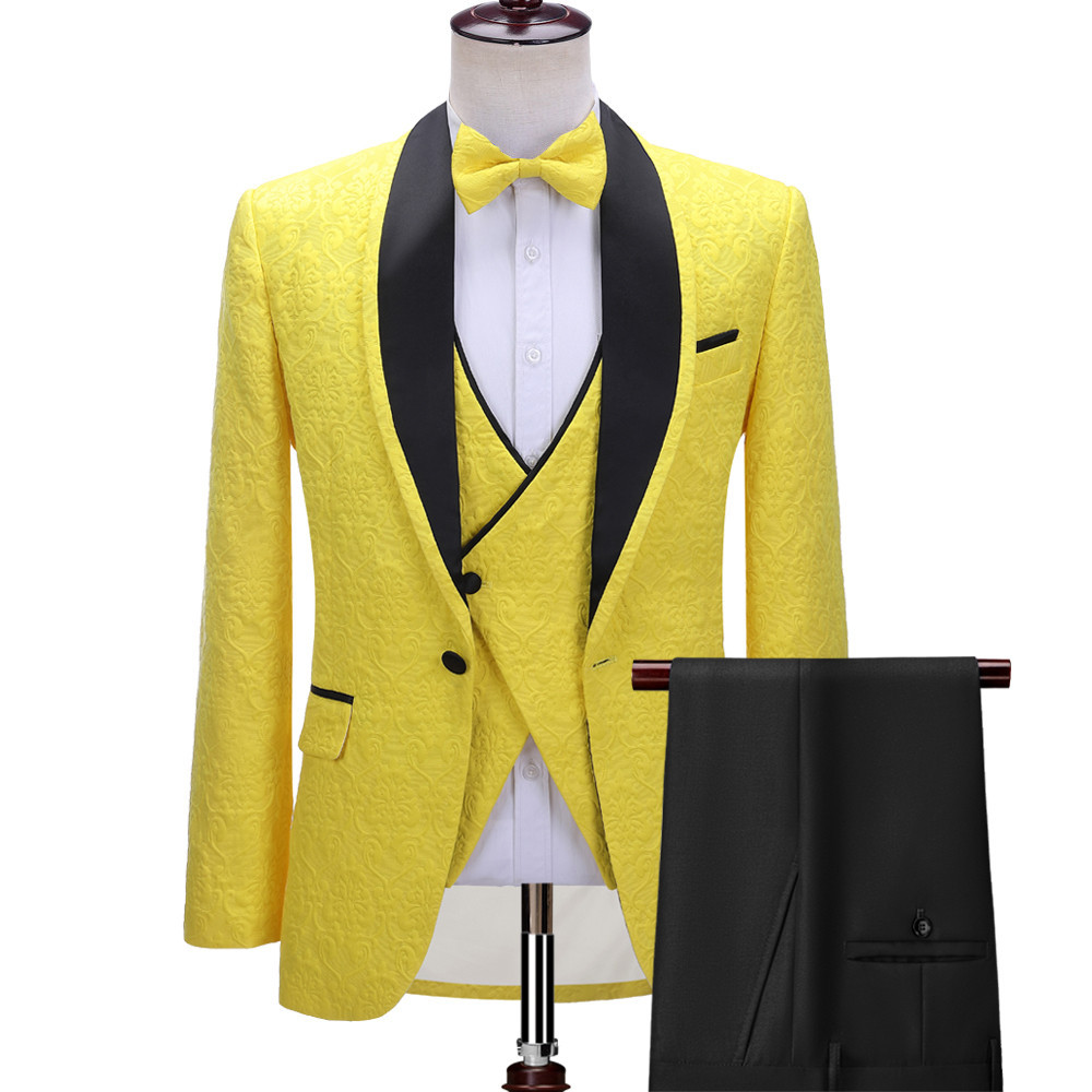 Chic Three-Piece Yellow Black Shawl Lapel One-Button Wedding Suit for Men with