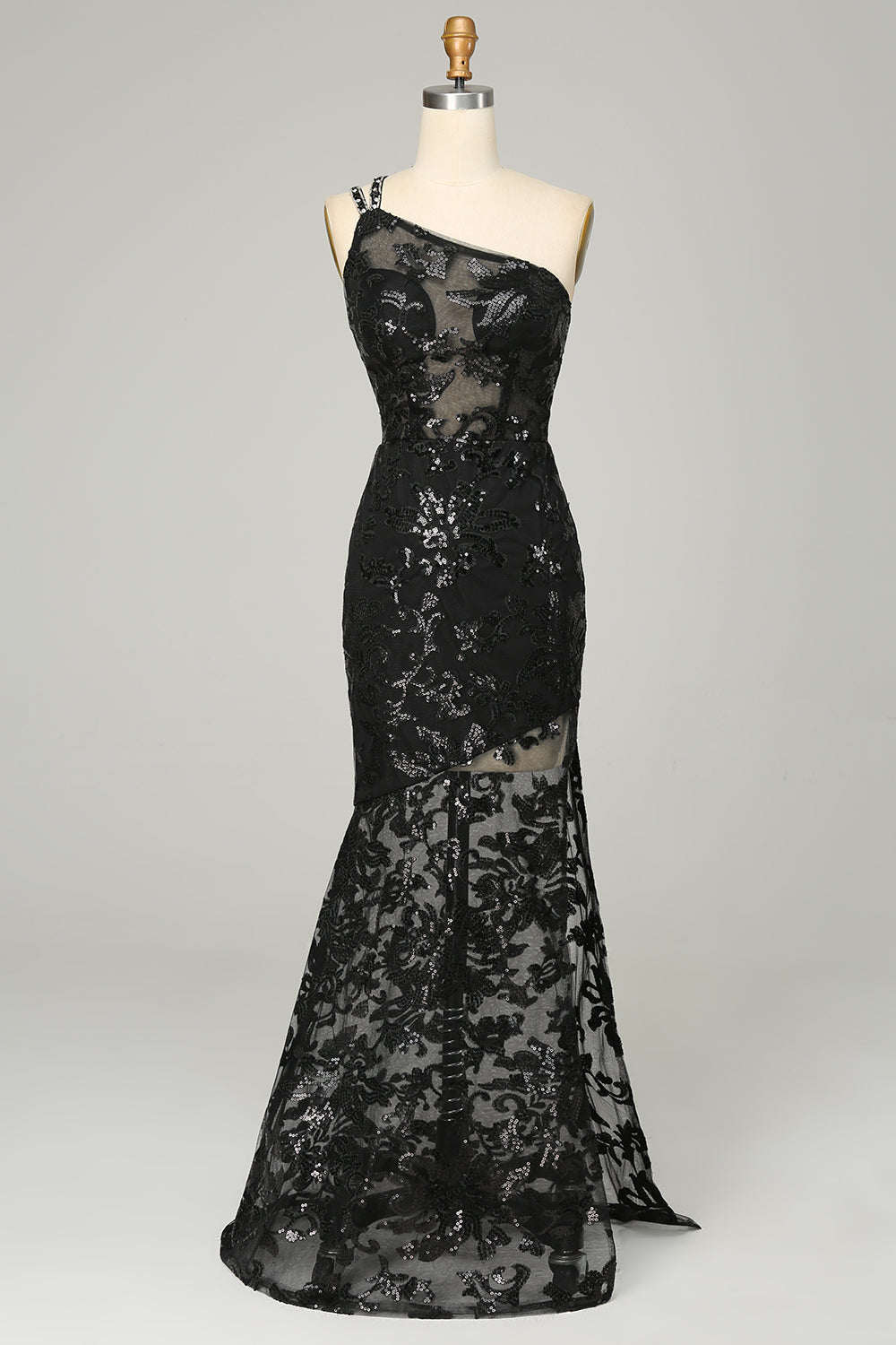 Black Sequined Long Prom Dress with Front Split and One Shoulder Sheath
