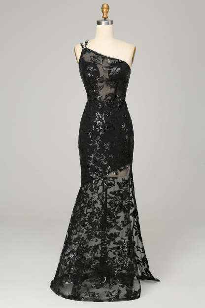 Black Sequined Long Prom Dress with Front Split and One Shoulder Sheath
