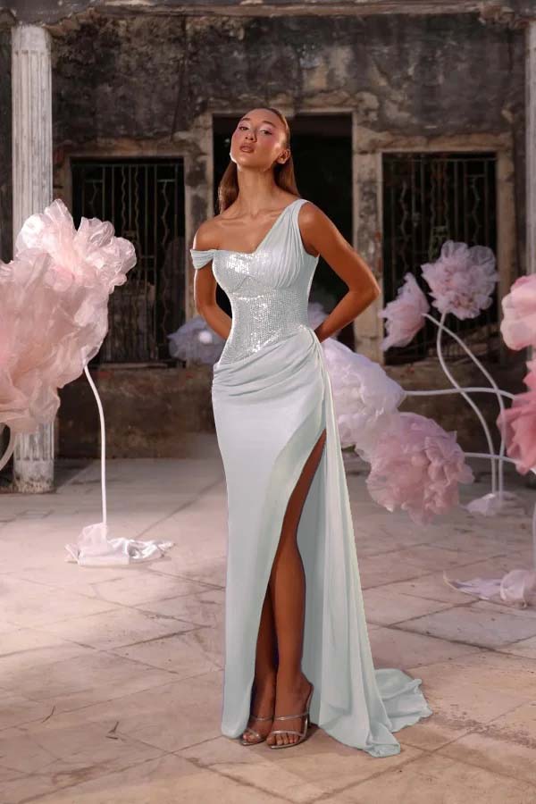 Sleeveless One Shoulder Long Split Formal Dress With Pleated Sequin