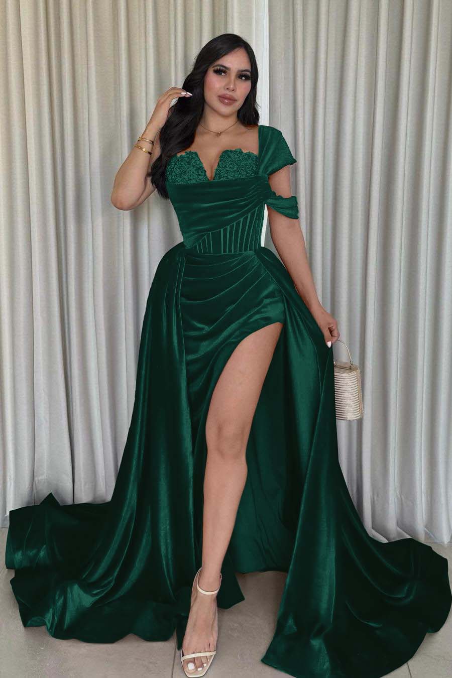 One Shoulder Sleeveless Long Mermaid Formal Dress With Split Pleated