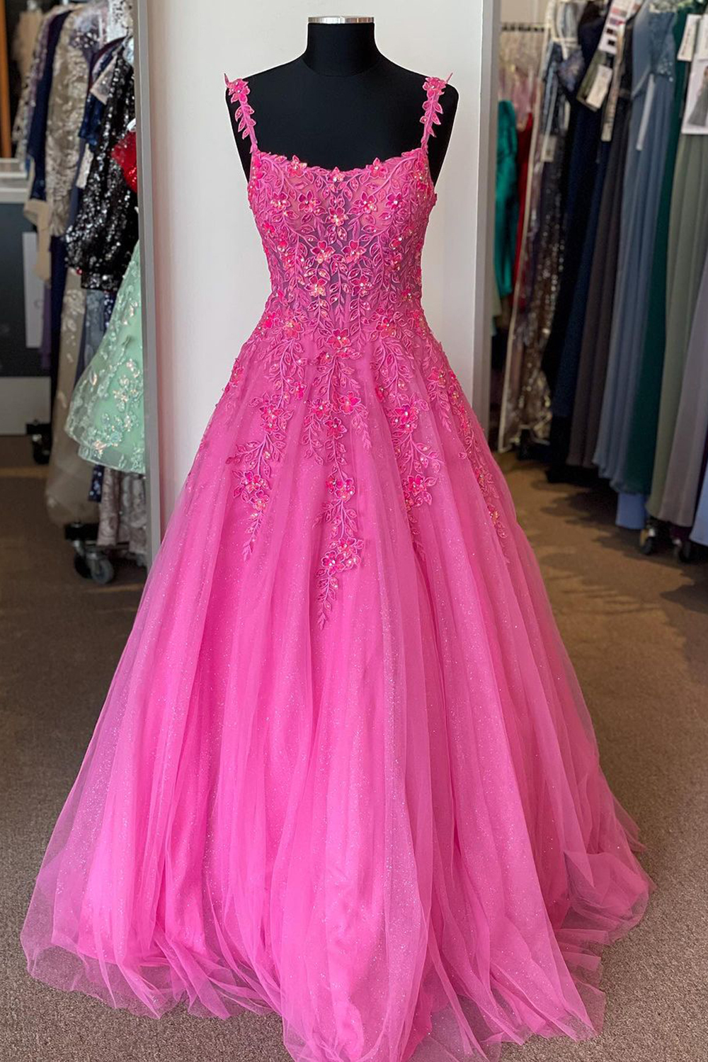 Elegant Hot Pink A-Line Prom Dress with Spaghetti Straps and Appliques