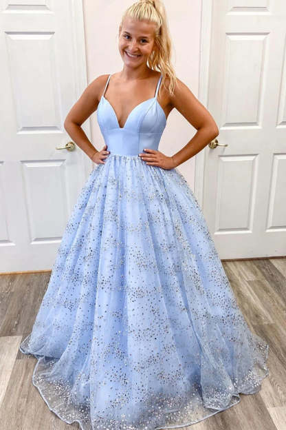 Light Blue Long Prom Dress with Spaghetti Straps and Beading in A-Line Style