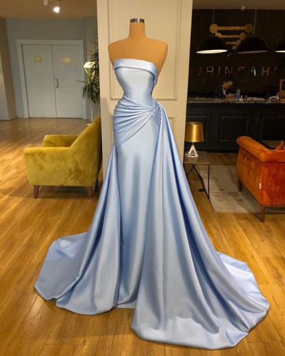 Strapless Elegant Baby Blue Mermaid Evening Dress Long With Ruffle