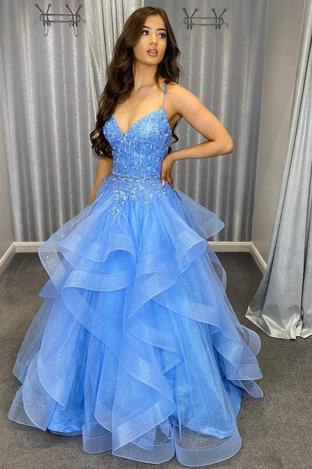 Blue Long Prom Dress with Spaghetti Straps and Appliques in an A-Line Silhouette