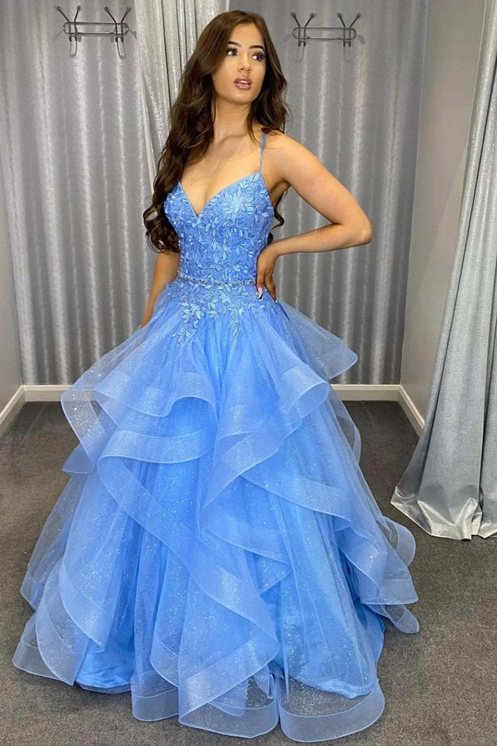 Blue Long Prom Dress with Spaghetti Straps and Appliques in an A-Line Silhouette
