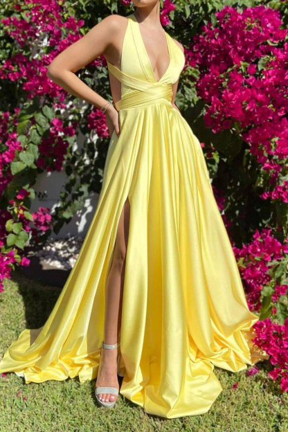 Elegant Yellow A-Line Long Prom Dress with Deep V Neck and Criss Cross Back
