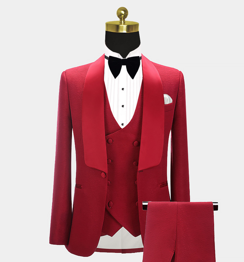 Fashion Abbas Red Three-Piece Shawl Lapel Wedding Groom Suits
