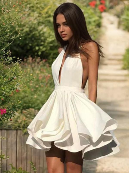 Chic White Halter Deep V-Neck Bud Short Mini cocktail Dress