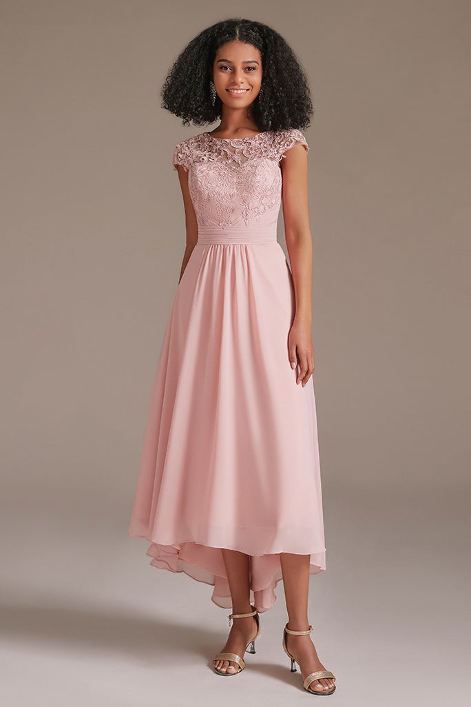 Pink Cap Sleeve Applique Bridesmaid Dress with Pockets