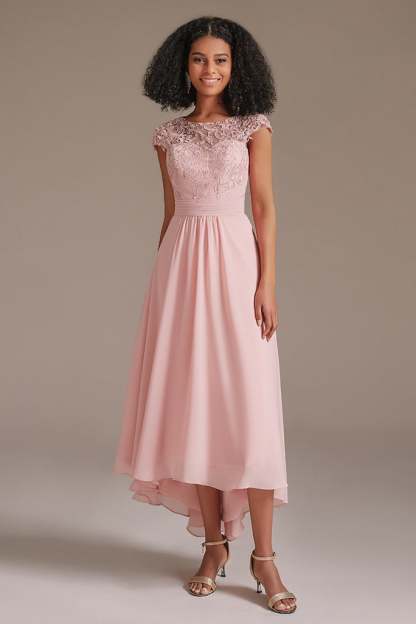 Pink Cap Sleeve Applique Bridesmaid Dress with Pockets