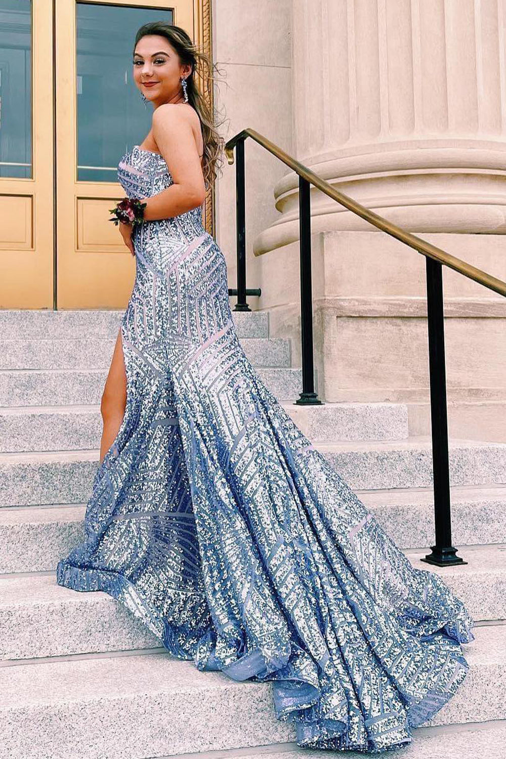 Long Strapless Prom Dress with Sky Blue Sequins