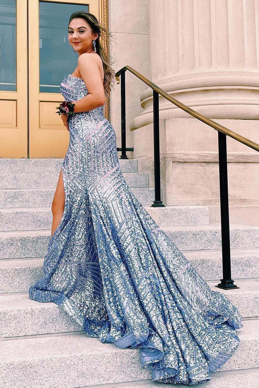 Long Strapless Prom Dress with Sky Blue Sequins