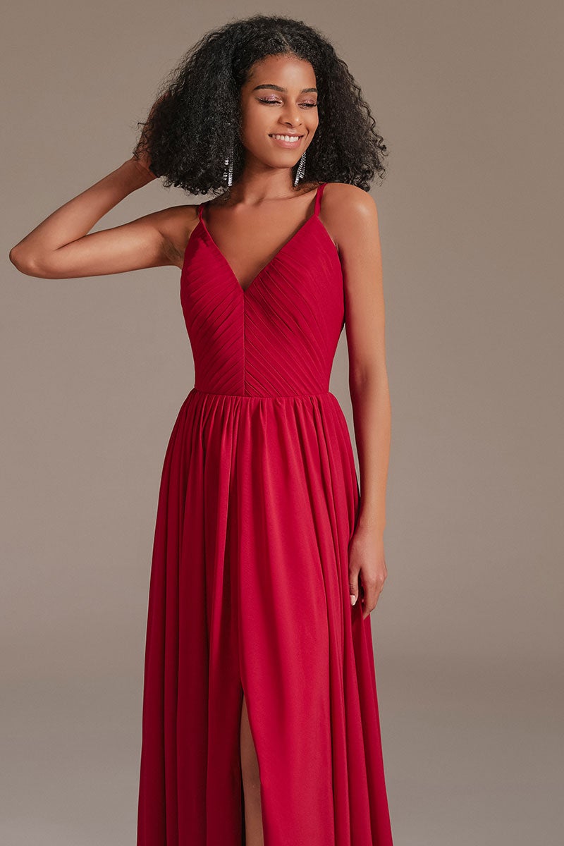 V-Neck Red Bridesmaid Dress with Split