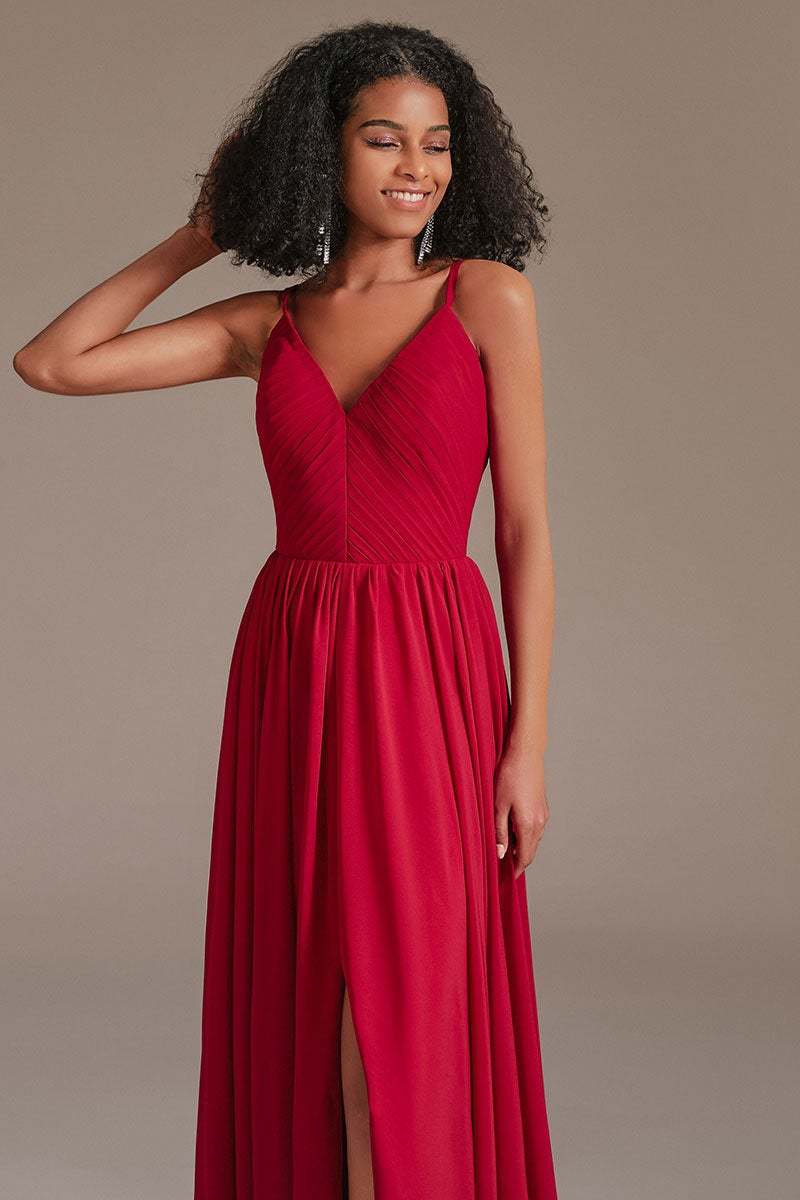 V-Neck Red Bridesmaid Dress with Split