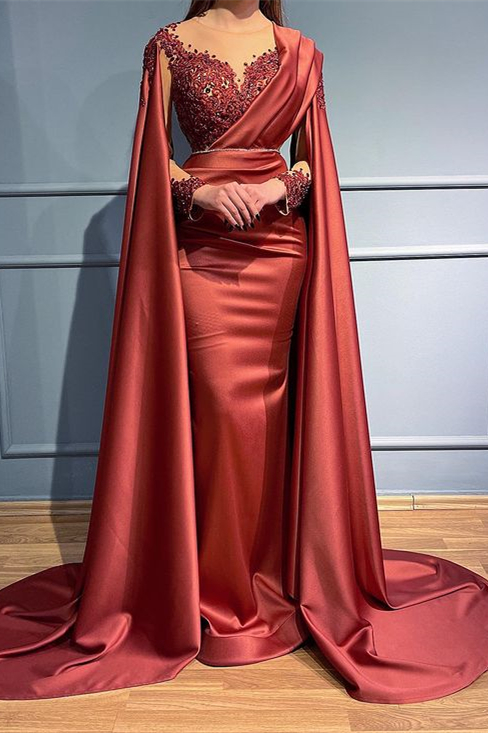 Rust Long Sleeves Beads Mermaid Appliques Evening Dress With Ruffles