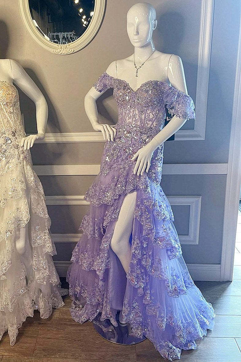 Elegant Navy Mermaid Prom Dress with Off-Shoulder Lace Ruffles