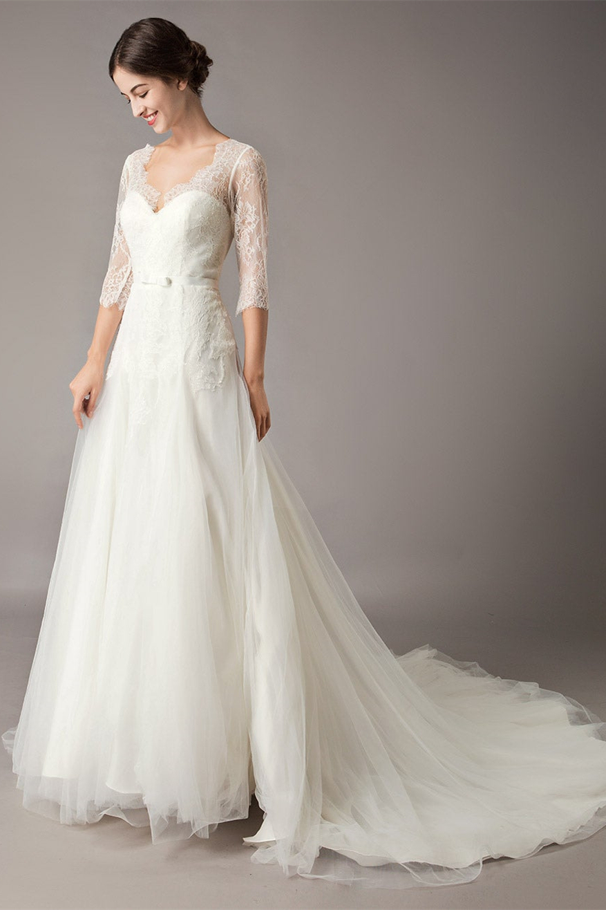 Lace Beach Half-Sleeves Wedding Dress