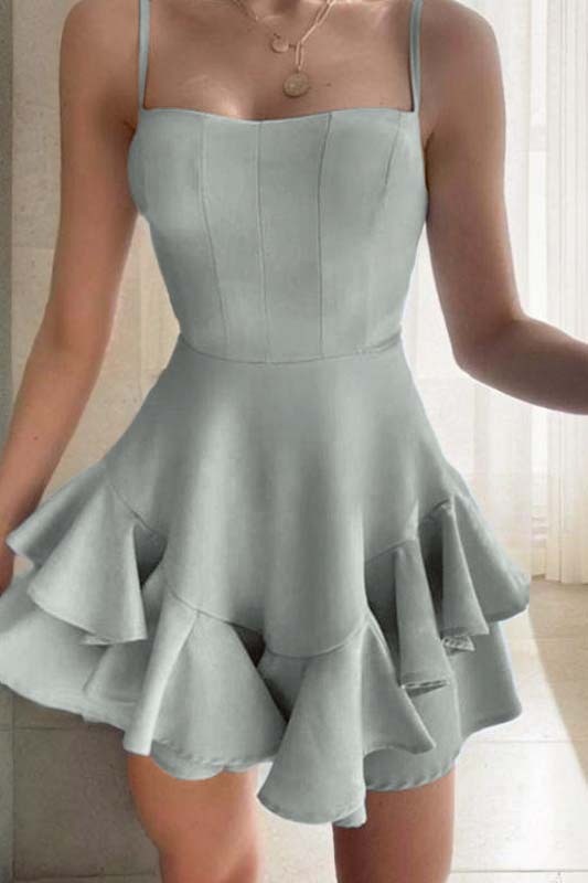 Lovely Sky Blue Square Neck Short Mini cocktail Dress With Ruffles