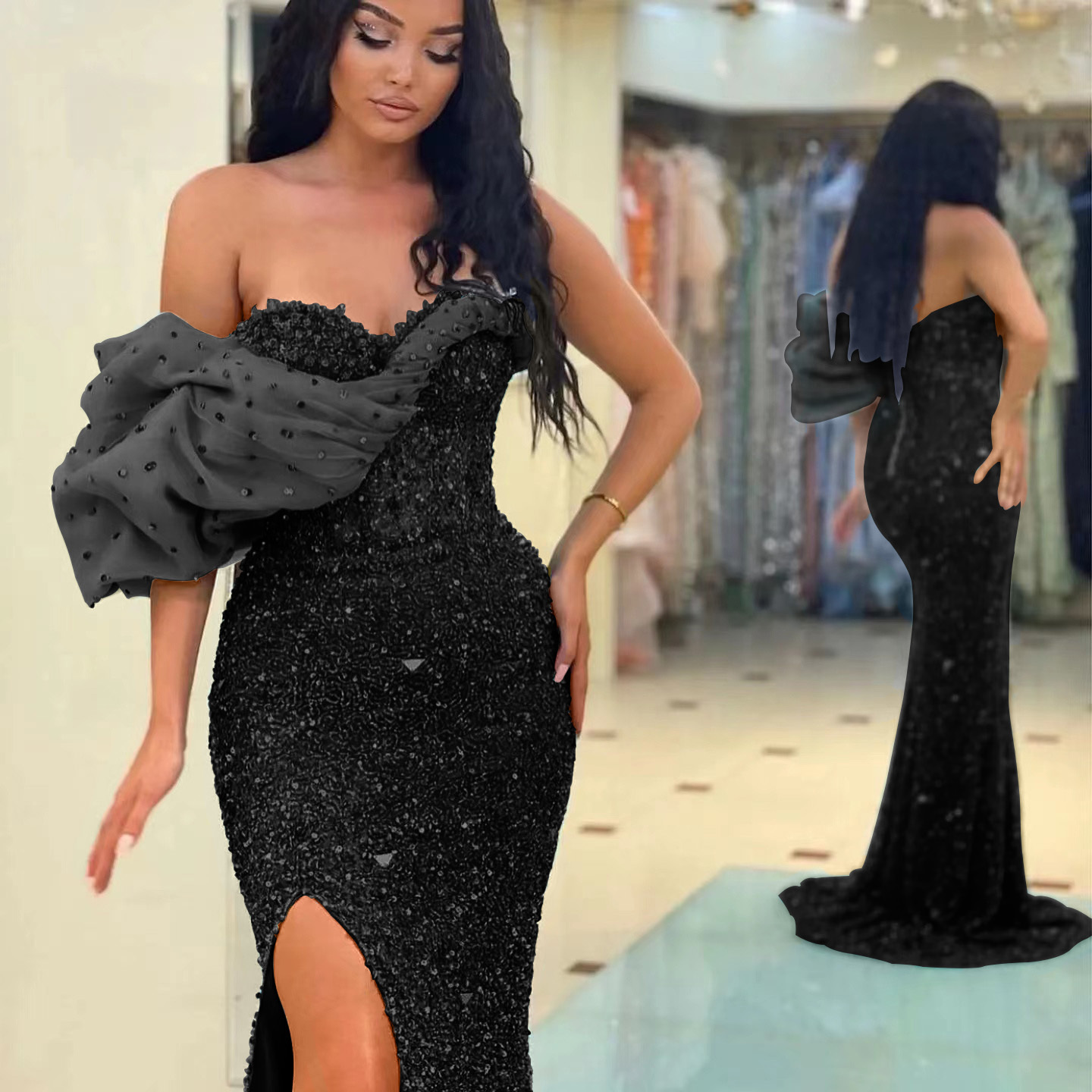 Gorgeous One Shoulder Mermaid Split Evening Dress With Sequins Sweetheart Off-The-Shoulder