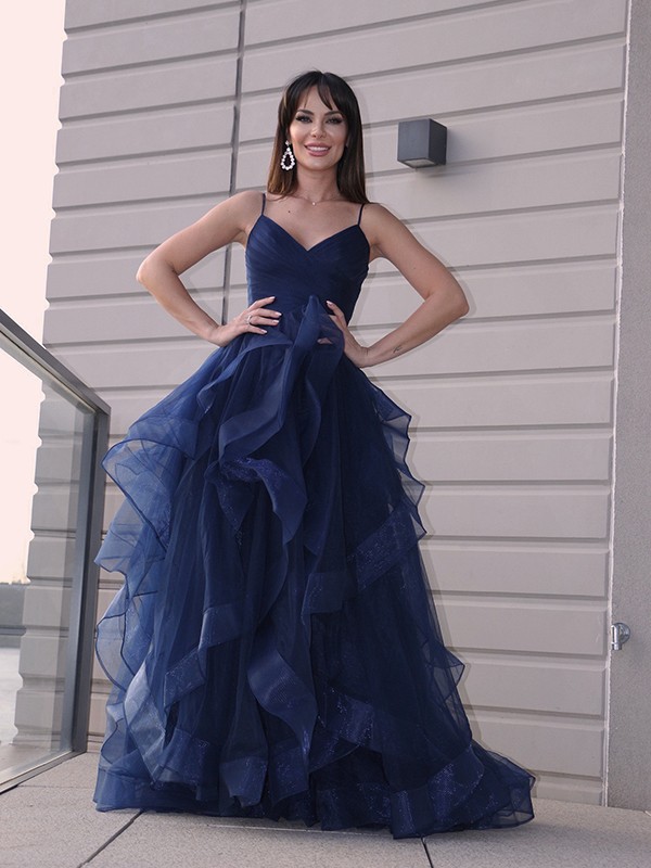 Spaghetti-Straps Split Prom Dress With Ruffles