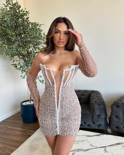 Heavy Sexy Beads Formal Dress V Neck Sleeveless With Front Split