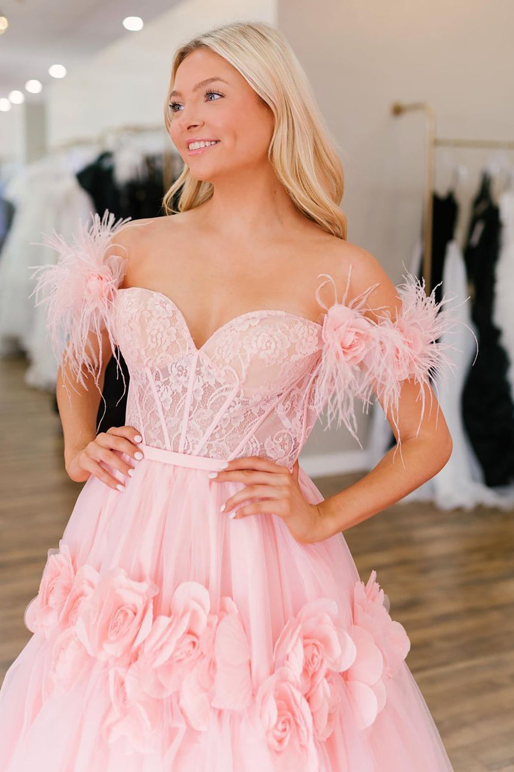 Pink Off-the-Shoulder Princess A-Line Corset Prom Dress with Feather