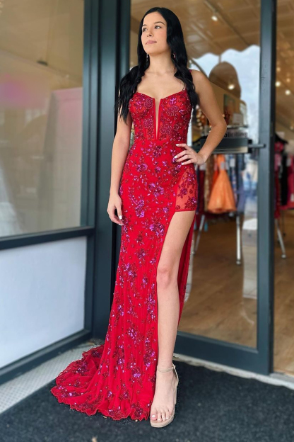 Elegant Red Mermaid Prom Dress with Stylish Spaghetti Straps and Front Split
