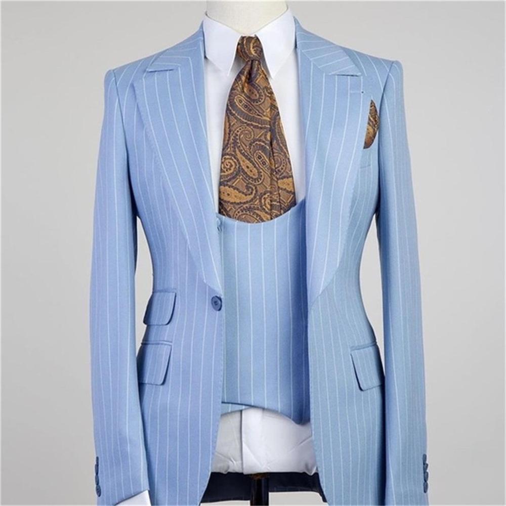 Gorgeous Blue Stripe Three-Piece Groomsmen Tuxedos Peaked Lapel